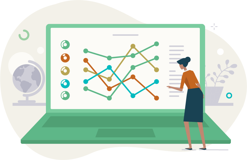 illustration of a woman inspecting graphs and charts on a laptop screen