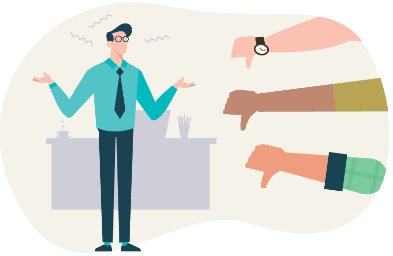 illustration of three arms giving the thumbs-down sign to a confused employee