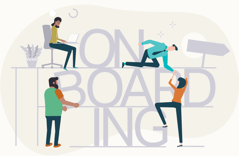 Illustration of 4 workers helping to assemble letters in the world onboarding