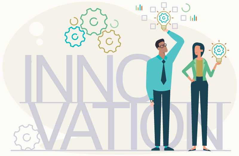 illustration of two workers holding up lightbulbs in front of gears and the word innovation